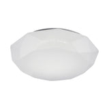 Diamante Medium flush ceiling light in white, featuring a faceted geometric plastic body around a round opal diffuser, shown on a plain white background.