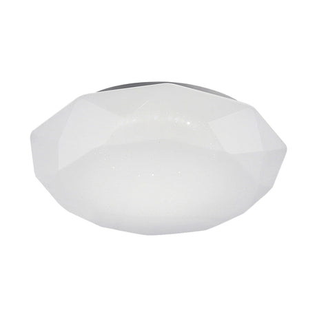 Diamante Medium flush ceiling light in white, featuring a faceted geometric plastic body around a round opal diffuser, shown on a plain white background.