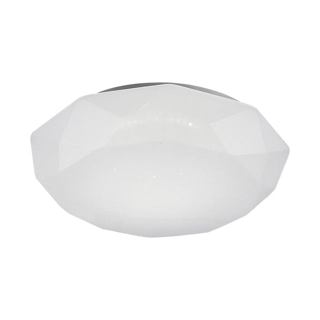 Diamante Medium flush ceiling light in white, featuring a faceted geometric plastic body around a round opal diffuser, shown on a plain white background.