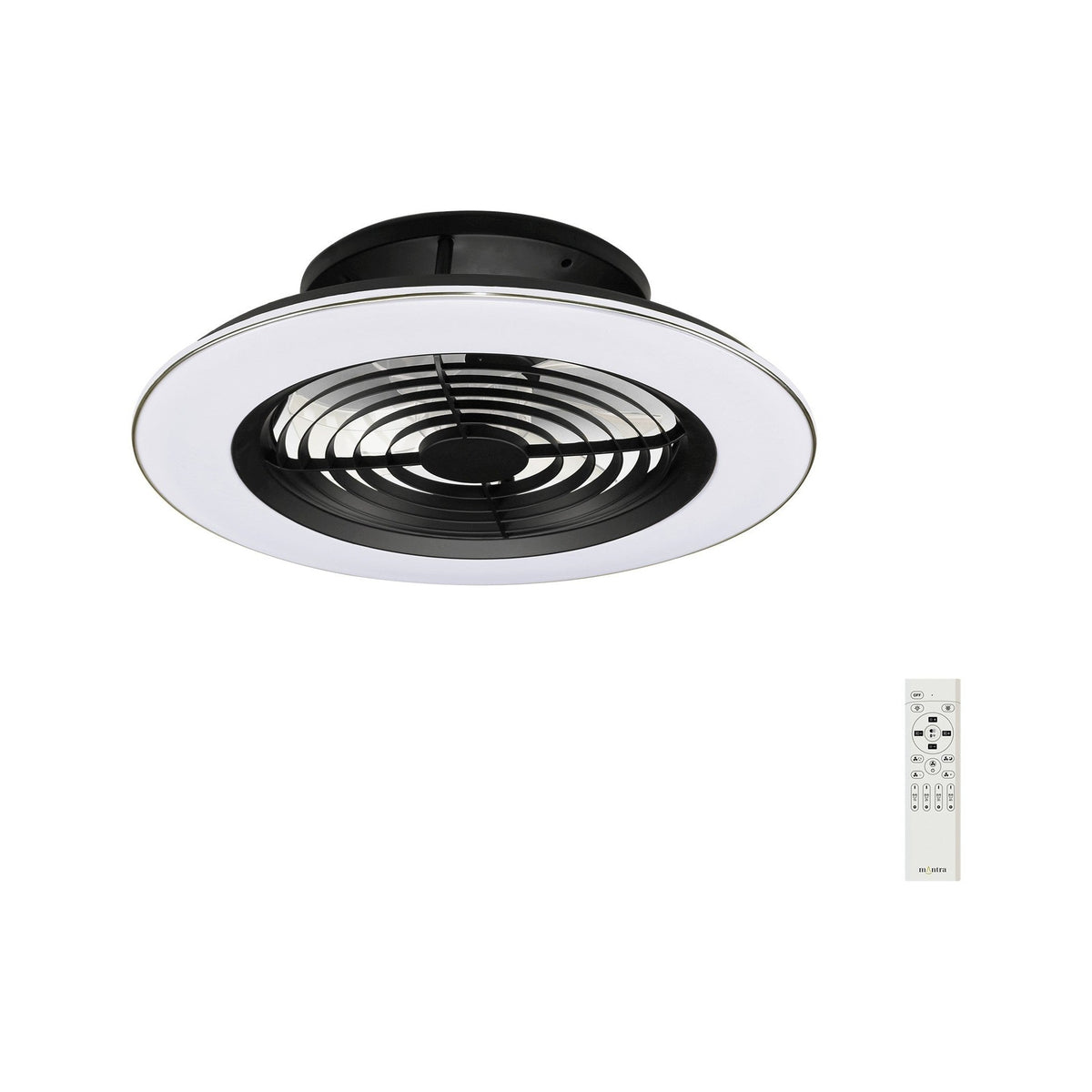 Alisio CCT dimmable LED ceiling fan light with retractable blades, round black motor housing and white outer ring, shown with remote control on a plain white background.