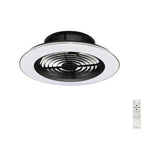 Alisio CCT dimmable LED ceiling fan light with retractable blades, round black motor housing and white outer ring, shown with remote control on a plain white background.