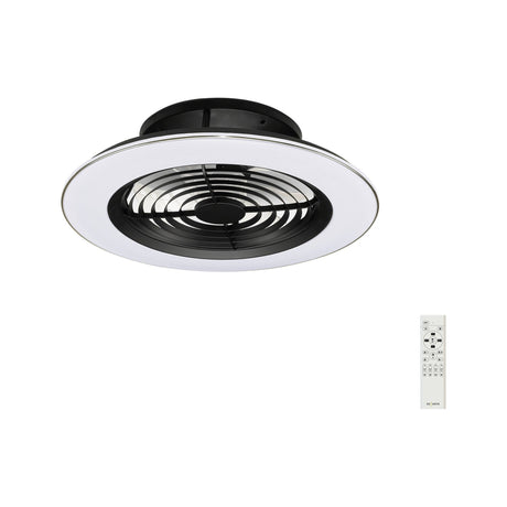 Alisio CCT dimmable LED ceiling fan light with retractable blades, round black motor housing and white outer ring, shown with remote control on a plain white background.