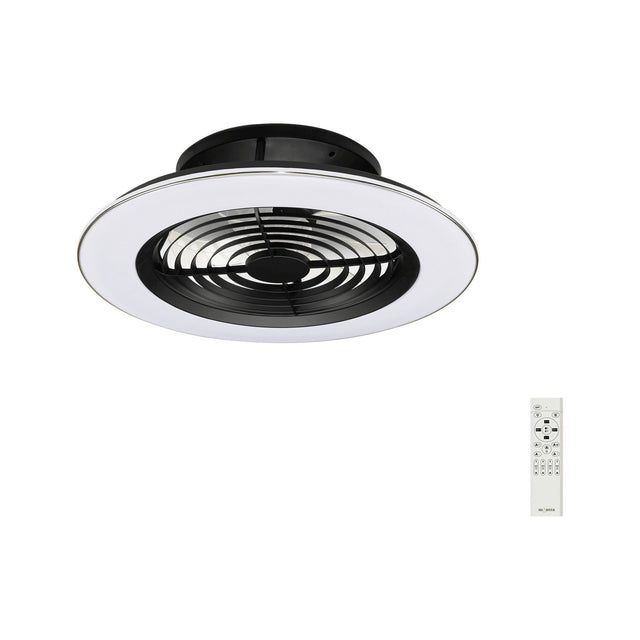 Alisio CCT dimmable LED ceiling fan light with retractable blades, round black motor housing and white outer ring, shown with remote control on a plain white background.