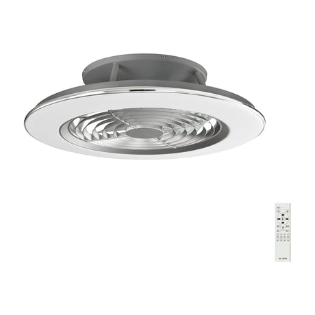 Alisio CCT Dimmable LED Ceiling Fan Light with retractable silver blades, low-profile chrome and grey housing, and included remote control on a white background.