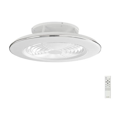 Alisio CCT Dimmable LED Ceiling Fan Light with retractable blades in white metal finish, chrome trim, integrated LED panel and remote control, shown on a plain white background.