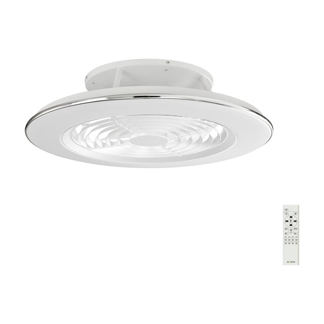 Alisio CCT Dimmable LED Ceiling Fan Light with retractable blades in white metal finish, chrome trim, integrated LED panel and remote control, shown on a plain white background.