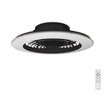 Alisio XL 735mm LED ceiling fan light in matt black with concealed folding blades, round white diffuser, chrome trim and included remote control, shown on a white background.