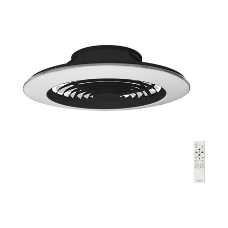 Alisio XL 735mm LED ceiling fan light in matt black with concealed folding blades, round white diffuser, chrome trim and included remote control, shown on a white background.