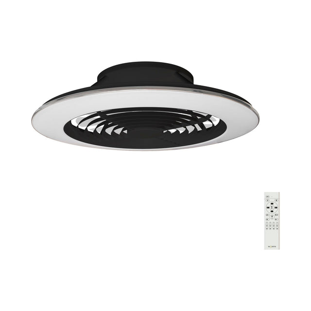 Alisio XL 735mm LED ceiling fan light in matt black with concealed folding blades, round white diffuser, chrome trim and included remote control, shown on a white background.