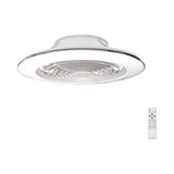 Alisio XL CCT dimmable LED ceiling fan light in white, round low-profile design with retractable blades, shown with remote control on a plain white background.