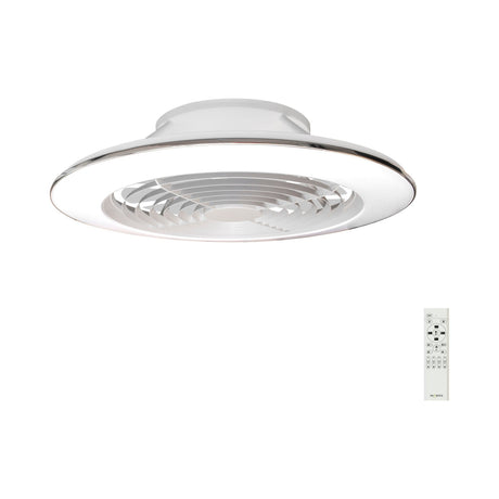 Alisio XL CCT dimmable LED ceiling fan light in white, round low-profile design with retractable blades, shown with remote control on a plain white background.