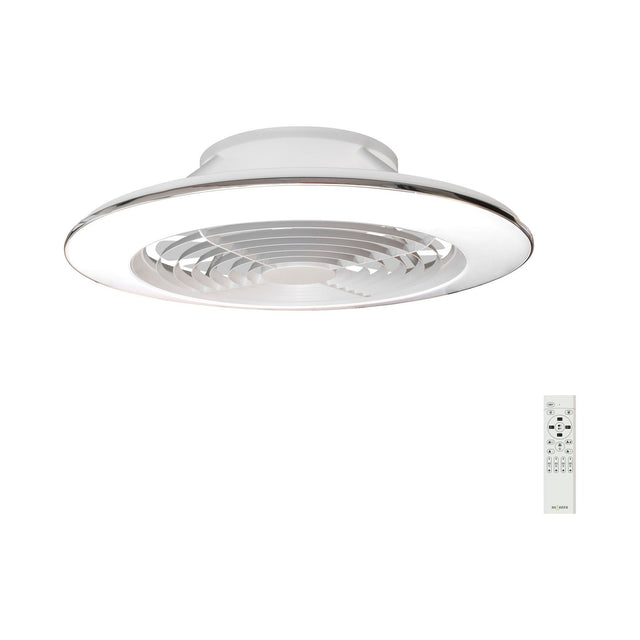 Alisio XL CCT dimmable LED ceiling fan light in white, round low-profile design with retractable blades, shown with remote control on a plain white background.