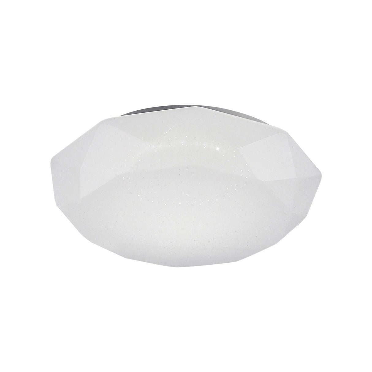 Diamante Small flush ceiling light in white, faceted geometric casing with opal diffuser panel, integrated CCT LED, shown on a plain white background.