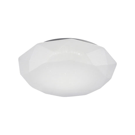Diamante Small flush ceiling light in white, faceted geometric casing with opal diffuser panel, integrated CCT LED, shown on a plain white background.