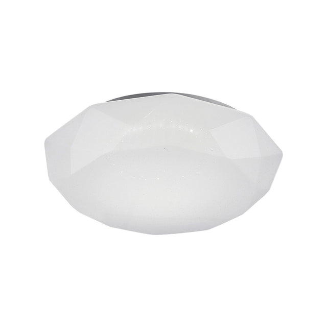 Diamante Small flush ceiling light in white, faceted geometric casing with opal diffuser panel, integrated CCT LED, shown on a plain white background.
