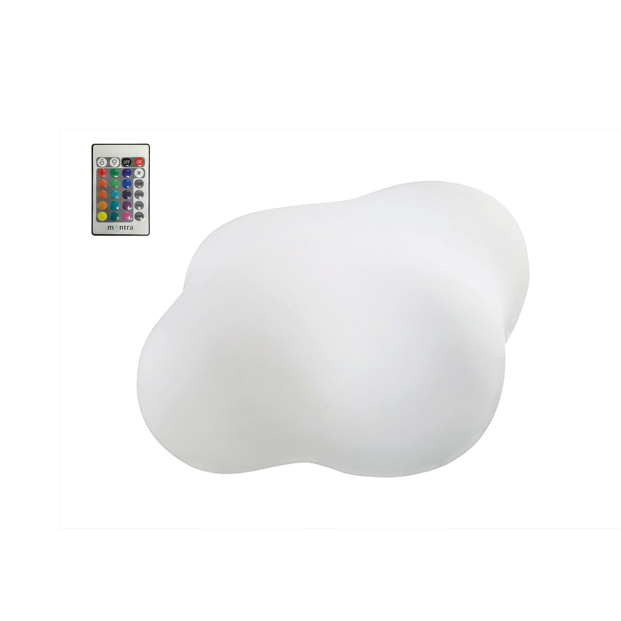 Eos RGB LED outdoor table lamp in white polycarbonate with an organic cloud-shaped design, shown with its multicolour remote control on a plain white background.