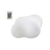 Eos RGB LED outdoor table lamp in white polycarbonate with an organic cloud-shaped design, shown with its multicolour remote control on a plain white background.