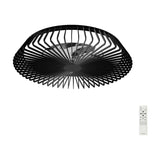 Himalaya CCT dimmable LED ceiling fan light with retractable blades in a matte black open-grid steel frame, shown with white remote control on a plain background.