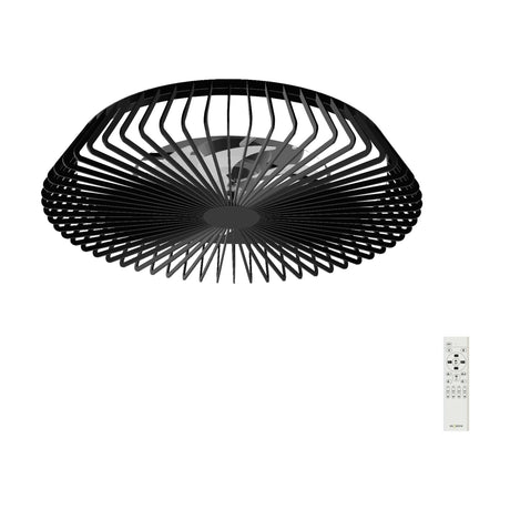 Himalaya CCT dimmable LED ceiling fan light with retractable blades in a matt black open-grid steel frame, shown with white remote control on a plain background.