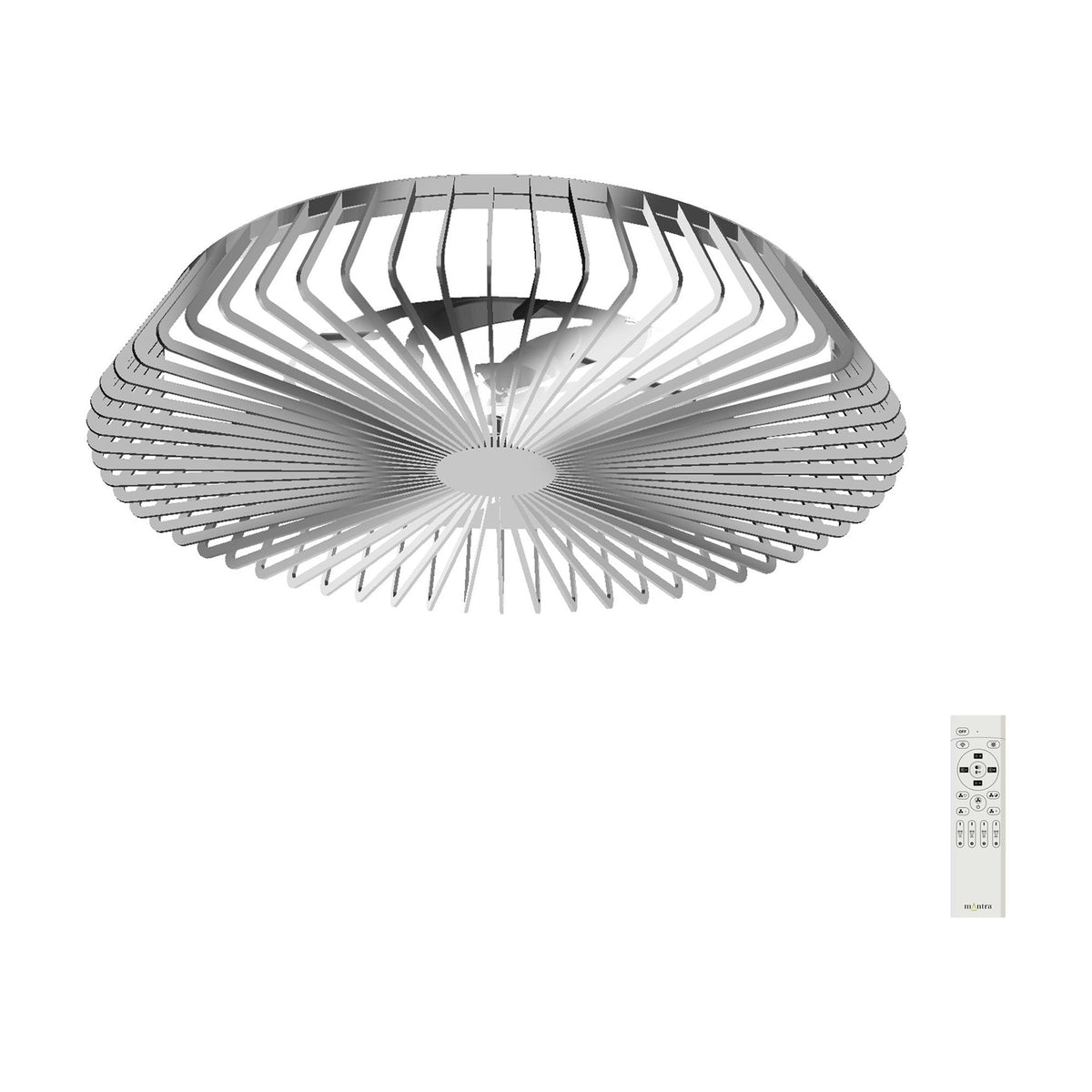 Himalaya 630mm LED ceiling fan light with silver metal starburst frame and retractable blades, shown with remote control on a plain white background.