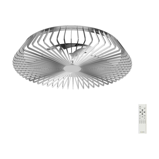 Himalaya 630mm LED ceiling fan light with silver metal starburst frame and retractable blades, shown with remote control on a plain white background.