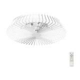Himalaya CCT dimmable LED ceiling fan light with white matte metal frame and radiating retractable blades, shown with remote control on a plain white background.