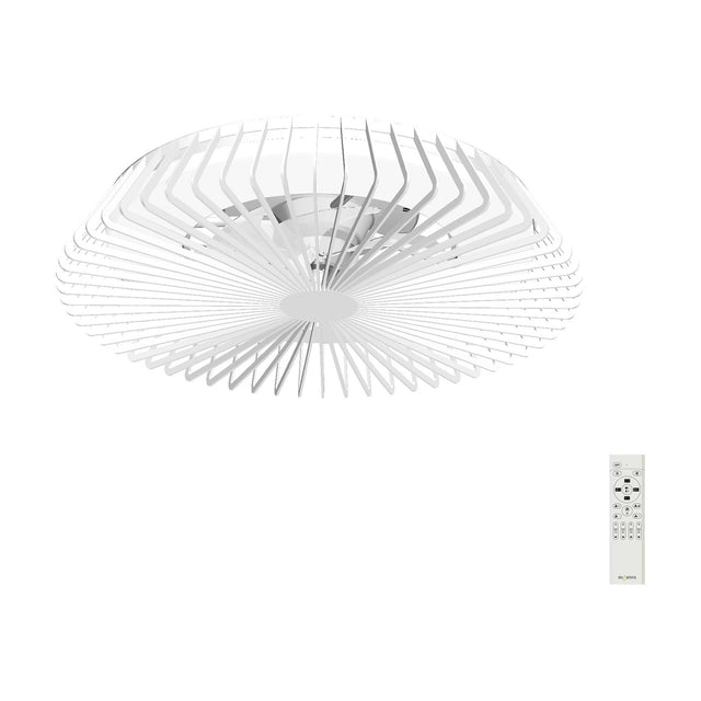 Himalaya CCT dimmable LED ceiling fan light with white matte metal frame and radiating retractable blades, shown with remote control on a plain white background.