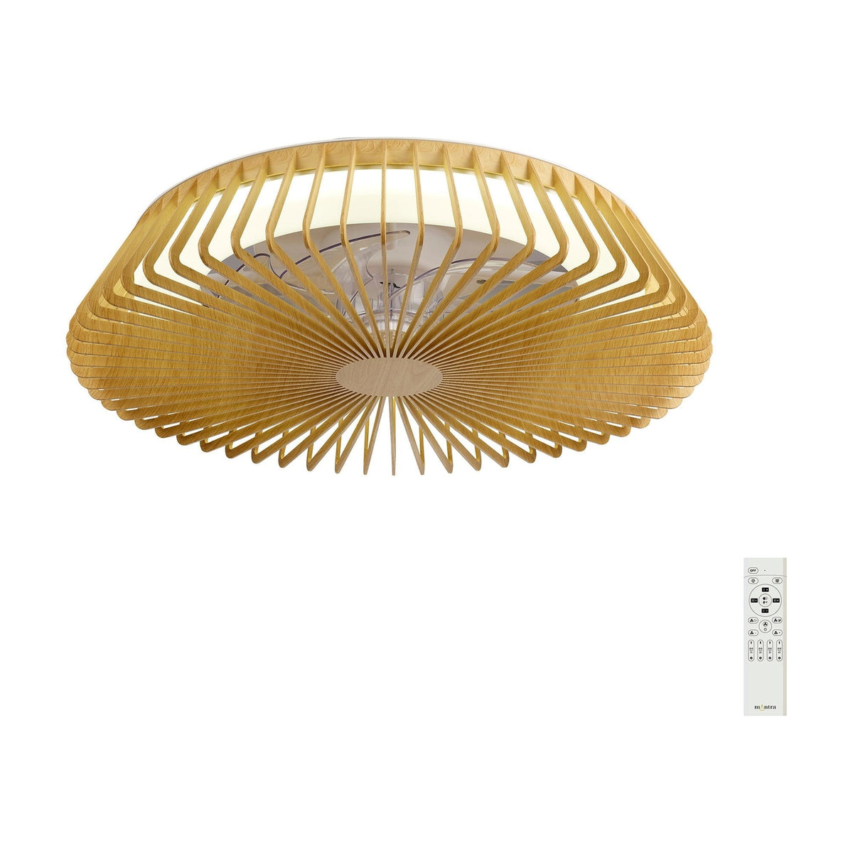 Himalaya CCT dimmable LED ceiling fan light with a round wood-effect brown radial cage frame, integrated LED panel, and included remote control, shown on a plain white background.