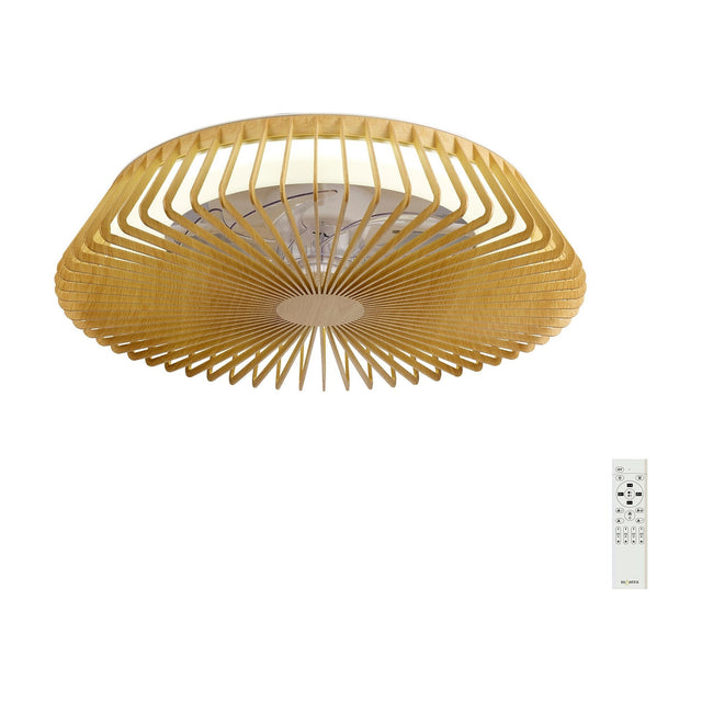 Himalaya CCT dimmable LED ceiling fan light with a round wood-effect brown radial cage frame, integrated LED panel, and included remote control, shown on a plain white background.