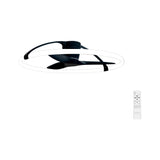 Nepal 105cm retractable ceiling fan light with black sculptural hub, four fan blades, and an oval LED ring diffuser, shown with white remote control on a plain background.