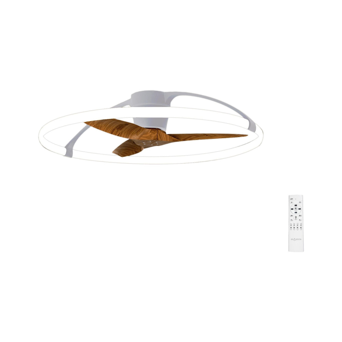 Nepal CCT dimmable LED ceiling fan light with a circular ring shade, silver motor housing and three retractable wood-effect blades, shown with its remote control on a plain white background.