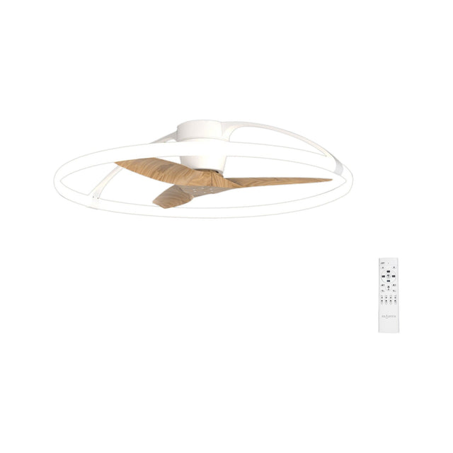 Nepal CCT LED ceiling fan light with white circular ring housing and retractable wood-effect blades, shown with included white remote control on a plain background.