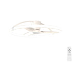 Nepal CCT Dimmable LED Ceiling Fan Light in white, with a twin-ring LED shade, sculptural twist-blade fan housing, and included remote control, shown on a plain white background.
