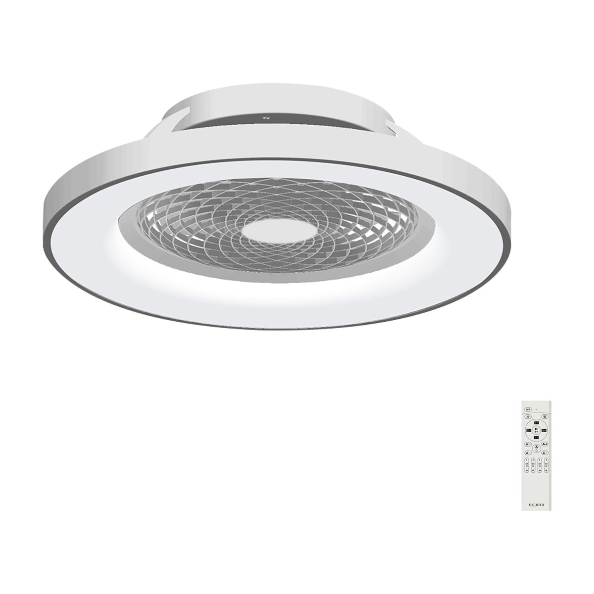 Tibet 650mm LED ceiling fan light with white diffuser ring, silver trim, and geometric grille concealing DC fan blades, shown with remote control on a white background.