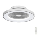 Tibet 650mm LED ceiling fan light with white diffuser ring, silver trim, and geometric grille concealing DC fan blades, shown with remote control on a white background.