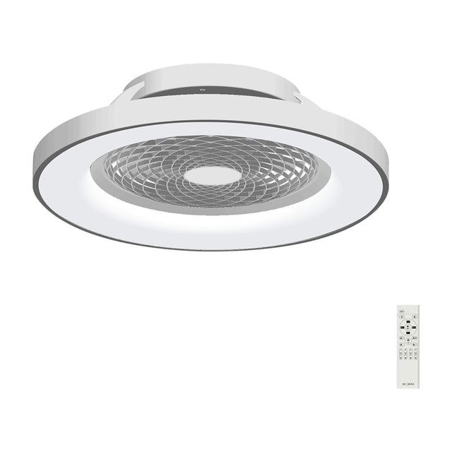 Tibet 650mm LED ceiling fan light with white diffuser ring, silver trim, and geometric grille concealing DC fan blades, shown with remote control on a white background.