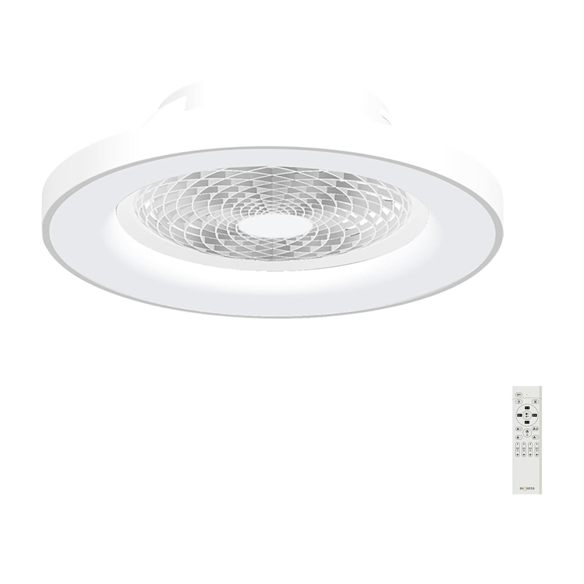 Tibet CCT Dimmable LED Ceiling Fan Light with retractable blades behind a white circular canopy and geometric grille, shown with remote control on a plain white background.