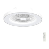 Tibet CCT Dimmable LED Ceiling Fan Light with retractable blades behind a white circular canopy and geometric grille, shown with remote control on a plain white background.