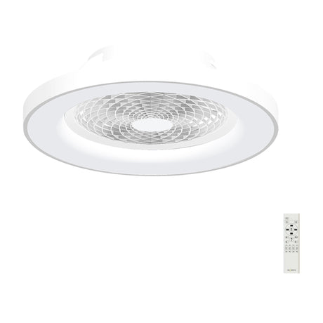 Tibet CCT Dimmable LED Ceiling Fan Light with retractable blades behind a white circular canopy and geometric grille, shown with remote control on a plain white background.