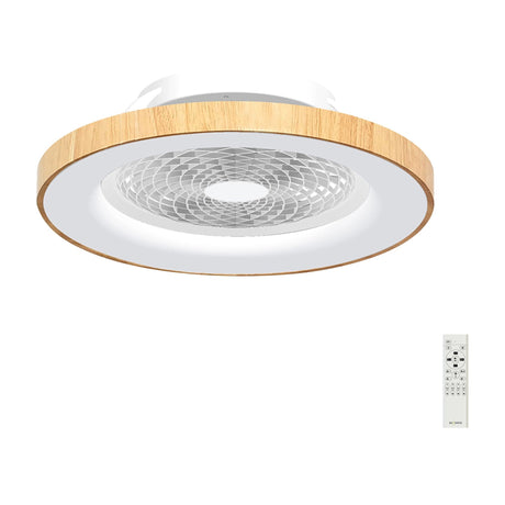 Tibet LED ceiling fan light with round wood-effect rim, white centre panel, patterned grille concealing retractable blades, and included remote control on a plain white background.