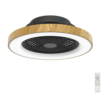 Tibet LED ceiling fan light with retractable blades, wood-effect outer ring, white diffuser halo and black central grille, shown with remote control on a plain white background.