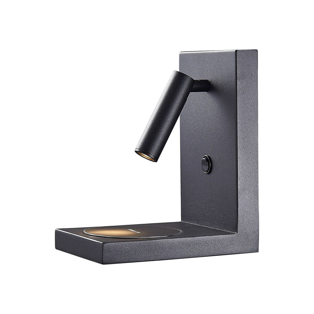 Zanzibar LED wall light in sand black metal, featuring an adjustable reading head on a hinged arm, a touch switch, and a flat wireless phone charging ledge, shown on a plain white background.