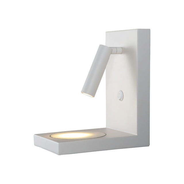 Zanzibar LED wall light in matt sand white with an adjustable reading arm, integrated wireless phone charger on the shelf base, and a push switch, shown on a plain white background.