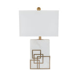 The Veridan 1 Light Framed Marble Table Lamp in brass and white features a modern rectangular shade, a marble base, and striking gold geometric accents.