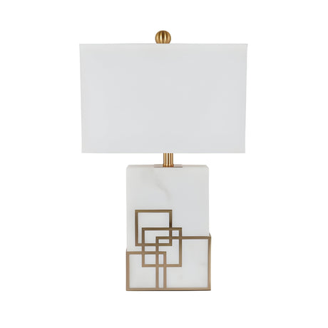 The Veridan 1 Light Framed Marble Table Lamp in brass and white features a modern rectangular shade, a marble base, and striking gold geometric accents.
