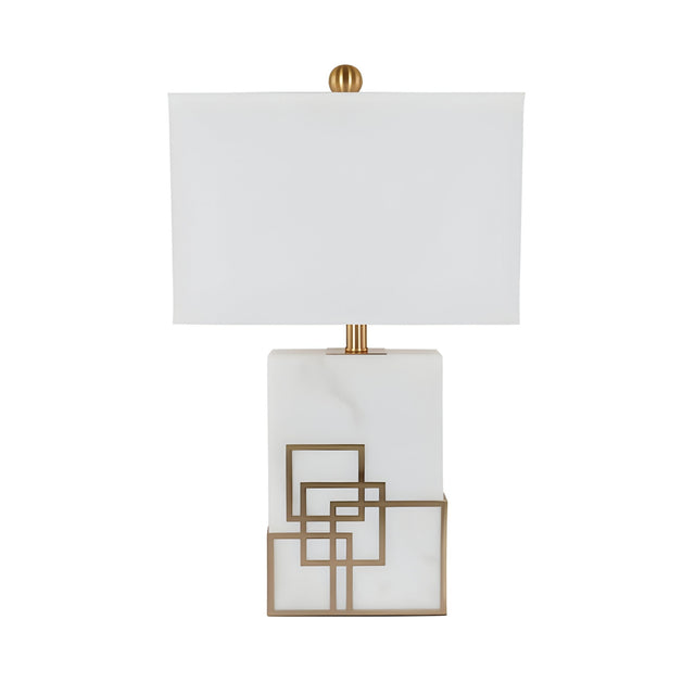 The Veridan 1 Light Framed Marble Table Lamp in brass and white features a modern rectangular shade, a marble base, and striking gold geometric accents.