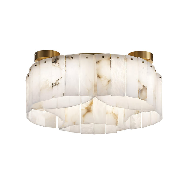 The Caldrisa 10 Light Layer Panel Alabaster Ceiling Semi-Flush Light features a modern round design with marble-patterned alabaster panels and soft white & brass accents.