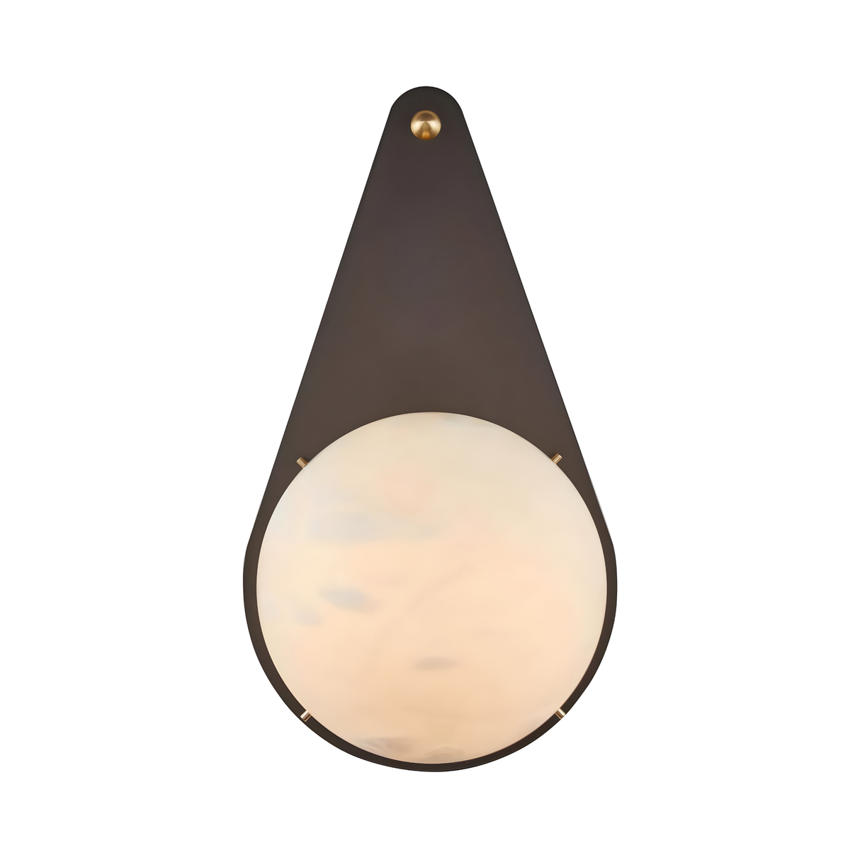 The Lunara 1 Light Teardrop Alabaster Wall Light in matte black features a modern teardrop-shaped backplate and a round frosted white glass diffuser made from Spanish alabaster.