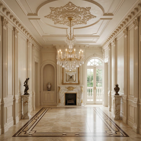 Opulent, classical room with a French Rococo touch—ornate ceiling, gold fireplace with mirror, marble floor, statues, and tall arched windows bathing the Vienna 10 Light K9 Crystal Chandelier in natural light.