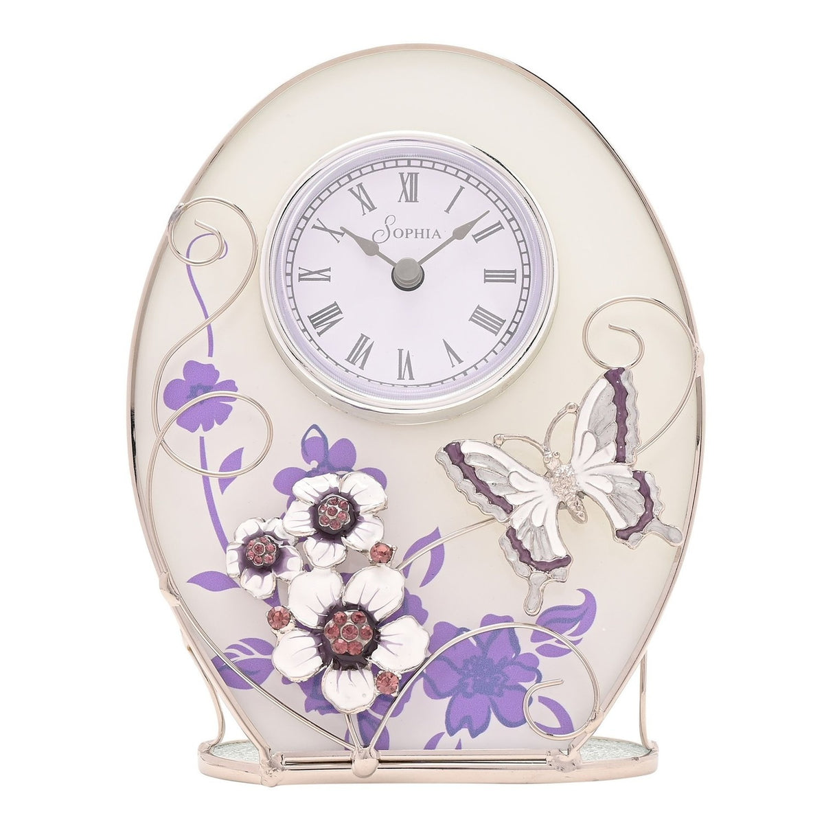 Oval glass mantel clock with Roman numeral dial, purple floral print, raised white butterfly and crystal-centred flowers, silver scrollwork, on a plain white background.